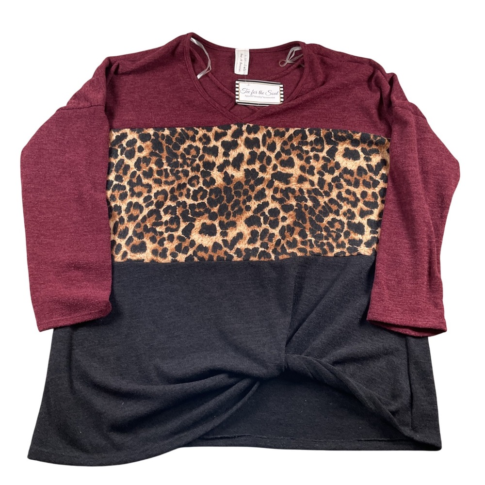 Now N Forever‎ Burgundy Black Leopard Print Twist Hem Top Plus Size 1X